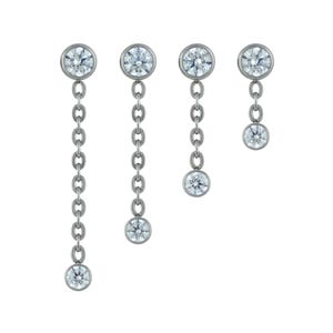 May include: Four silver dangle earrings with clear, round gemstones. Each earring features a chain connecting a top gemstone to a dangling gemstone. The earrings vary in chain length and gemstone size, creating a graduated effect.