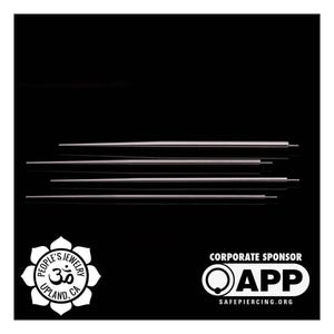 May include: A collection of silver-colored piercing tapers, arranged horizontally against a black background. The tapers are cylindrical with a pointed tip. The image includes the People's Jewelry logo and the APP Safe Piercing logo.