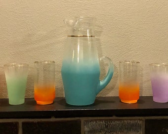 Vintage Blendo Glass Pitcher and 7 Glasses 1950s Mid Century Ombre
