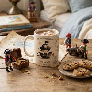 Puede incluir: Una taza de cerámica blanca llena de chocolate caliente y malvaviscos, con una ilustración de un barco pirata y el texto 'This Lord is my shepherd I shall not want Psalm 23'. La taza está sobre una mesa de madera con figuras de piratas.