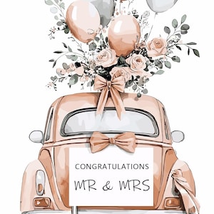 Puede incluir: Ilustración de un coche vintage color melocotón decorado para una boda. El coche está adornado con un ramo de flores, globos y un lazo. Un letrero en la parte trasera dice "FELICIDADES SR. Y SRA."