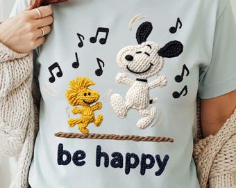 Snoopy Woodstock Faux Yarn PNG, Be Happy Chunky Knit Art, Tekstura szydełkowa do pobrania w wersji cyfrowej, Motyw muzyczny Dancing Dog, Sublimacja 300 DPI POD