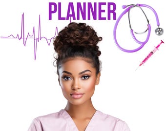 May include: A woman in a pink medical uniform is featured in this image, with the text "Nursing School PLANNER" in black and purple. A stethoscope and syringe are also visible. The LeFrances Healthcare logo is at the bottom.