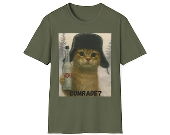 Comrade Cat Vodka T-Shirt, Funny Slavic Meme Tee with Ushanka and Bottle, Unisex DTG Shirt