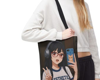 Anime Girl Polyester Tote Bag, Kawaii Shopper