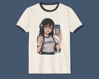 Anime Girl Ringer T-Shirt, Cotton Graphic Tee