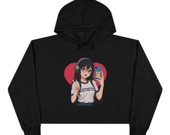 Anime Girl Crop Hoodie, Kawaii Streetwear, Trendy Graphic Top
