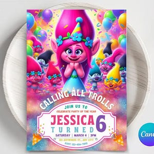 Editable Trolls Birthday Invitation, Trolls Poppy Invite, Poppy Trolls Invitation, Trolls Digital Invite,  Kids Birthday Party For Girls