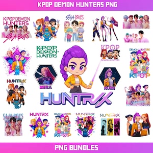 May include: A collection of colorful PNG graphics featuring KPOP Demon Hunters and other related designs. The images include various characters and the text "SAJA BOYS", "HUNTRA", and "PNG BUNDLES".