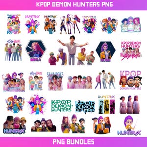 Pode incluir: Uma coleção de gráficos PNG coloridos com KPOP Demon Hunters e personagens relacionados. Os designs incluem várias ilustrações de grupo, retratos de personagens e elementos de texto como "HUNTRAX" e "SAJA BOYS". O tema geral é vibrante e de desenho animado.