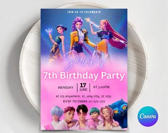 Editable Kpop Birthday Invitation, Demon Hunters Party Huntrix Canva (Digital Download)