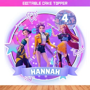 Könnte beinhalten: Ein runder Tortenaufsatz mit einem lila-rosa Hintergrund, der drei animierte Figuren zeigt. Der Aufsatz enthält den Text "EDITABLE CAKE TOPPER" oben und "HANNAH" auf einem Banner unten. Eine Discokugel und die Zahl "4" sind ebenfalls enthalten.