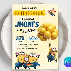 Editable Yellow Minion Birthday Invitation Template, Minions Kids Birthday Party Invite, Kids Birthday Invitation, Girl Minions Invitations