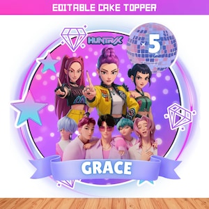 May include: A circular cake topper with a purple and pink design, showcasing a group of animated characters. The topper includes the text "EDITABLE CAKE TOPPER", the name "GRACE", and the number "5". Decorative stars and diamond shapes are also present.