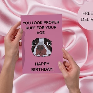 Tarjeta de cumpleaños divertida con un perro, ideal para un amigo, mamá, papá, hermano, hermana, esposo, pareja o compañero de trabajo. Tarjeta de felicitación con humor.