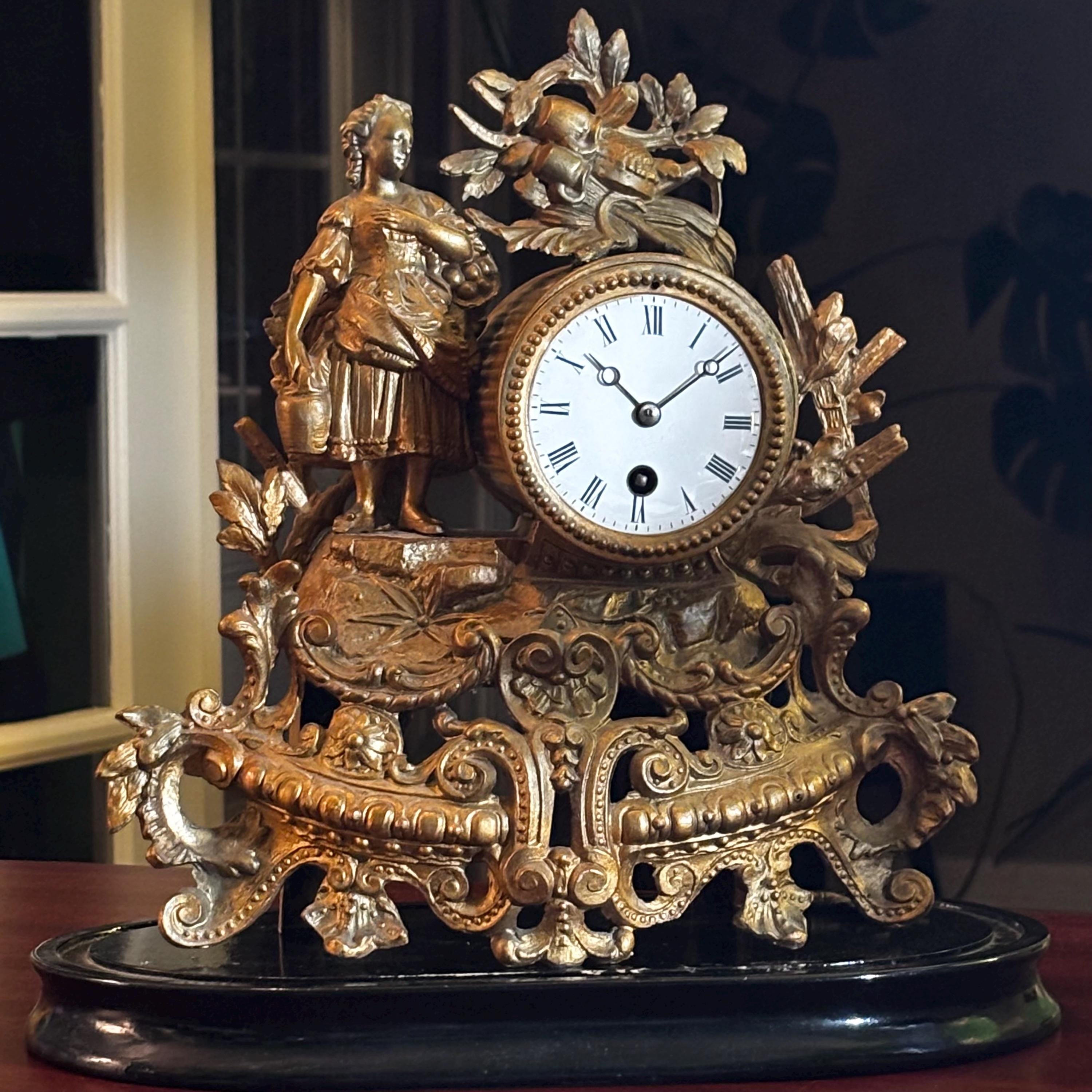 Antique French Limoges Metal Figural Mantel Clock – Roman Numerals