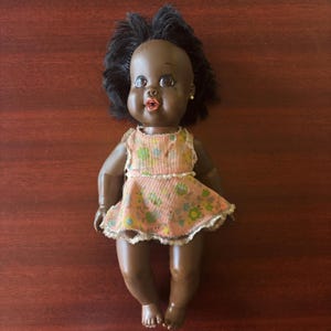 1968 Shindana Doll – 13&quot; Vintage Black Doll in Original Floral Dress – Rare Collectible Toy
