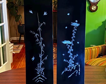 Pair of Vintage Korean Lacquer Panels – 26&quot;x8&quot; – Mother of Pearl Inlay – Birds, Bamboo & Floral – Made in Korea (1 of 2 Pairs)