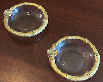 Vintage Glass Ashtrays: Mid-Century Modern Gold Bamboo Rim, Set of 2