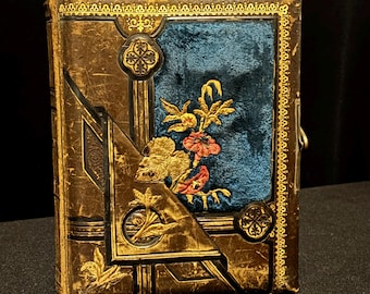 Antique Victorian Photo Album – Leather & Velvet with Floral Embroidery – Original Photos + Family Names