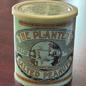 1981 Planters “Mother’s Brand” Peanut Can with Lid – Light Green & Orange Vintage Tin