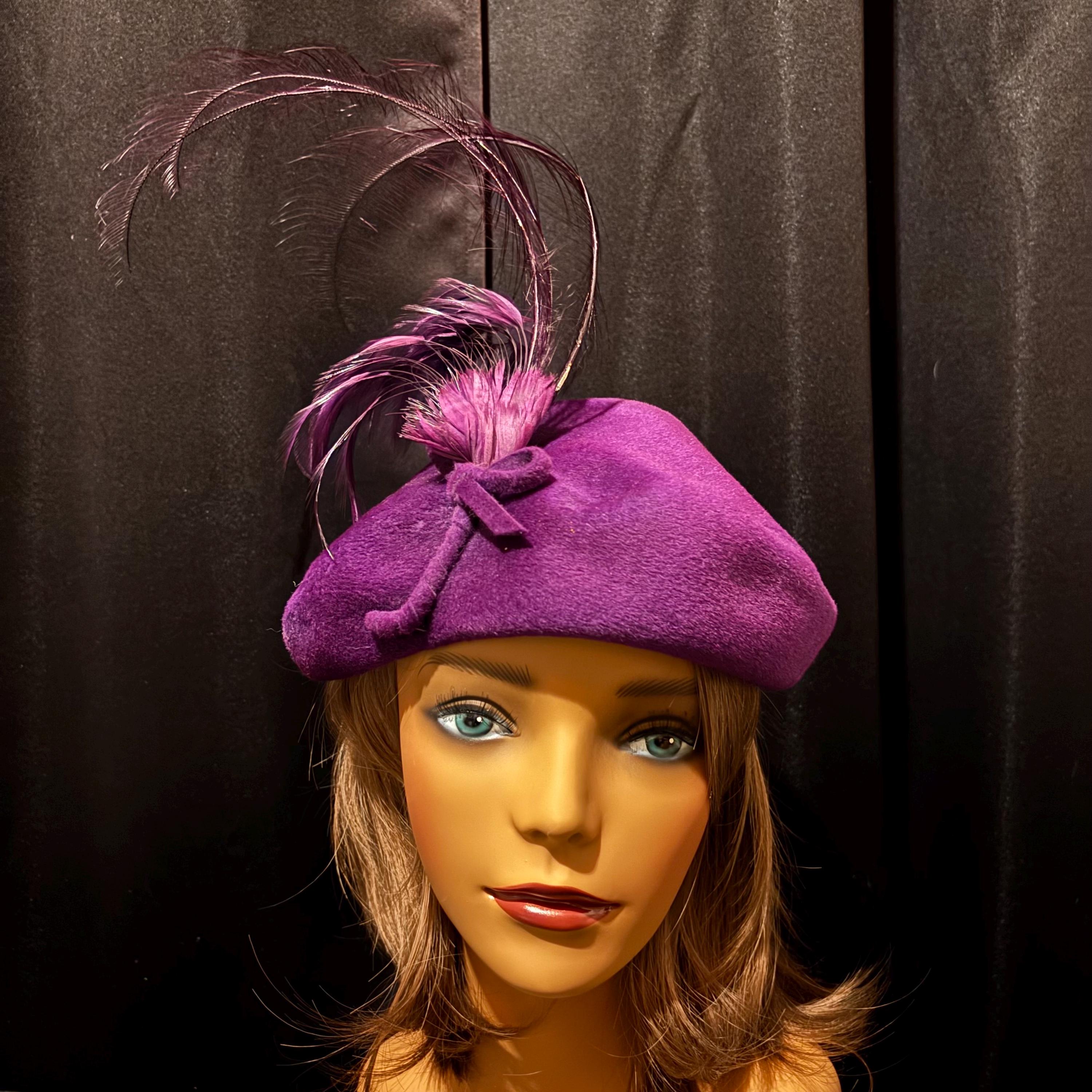 OPULENT 1950s\' PURPLE HAT WITH SCALOPPED BRIM + LONG CURLED FEATHERS Crushed Velvet Tall Hat - Purple / Gold – Tall Toad main image 3