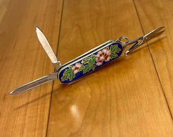 Vintage Cloisonné Utility Pocket Knife – Floral Design – Knife, File & Scissors – Mini Folding Tool