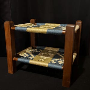 Handwoven Two‑Tier Wooden Stool – Southwestern / Native‑Inspired Woven Design