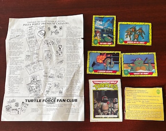 Club de fans de TMNT / Lote de tarjetas coleccionables / 1989-1990 / Catálogo de Pizza Point, recortes y tarjetas Topps