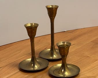 Vintage Brass Taper Candlesticks – Set of 3 – Graduated Heights 3", 4", & 5"