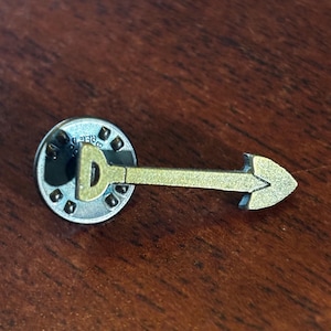 May include: A metal pin shaped like a shovel and a circle with the text "REG'D". The shovel is gold-coloured, and the circle is silver-coloured. The pin is on a dark brown wooden surface.