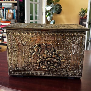 Vintage Embossed Brass Box – 17&quot;x12&quot;x11.5&quot; – Hinged Lid, Ornate Panels on All Sides
