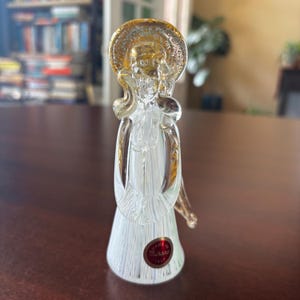 Authentic Murano Glass Angel Figurine – Green, Blue & White Striped Dress | Gold Accents | 5&quot; Tall