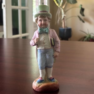 Antique Bisque Porcelain Figurine – Boy with Book, Hand-Painted, 6.5&quot; Tall, Open Bottom