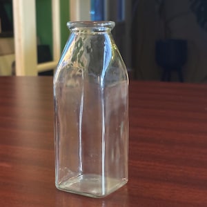 Clear Glass Vintage Milk Bottle | 6&quot; Tall | Square Base | Embossed &quot;W in Circle&quot; Mark | Farmhouse Kitchen Decor