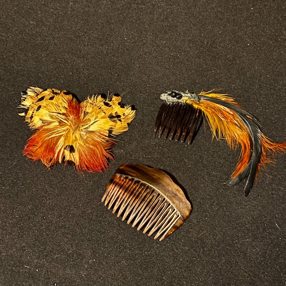 Vintage Feather Hair Comb Set – French Tortoiseshell, Butterfly Pin, Boho Style