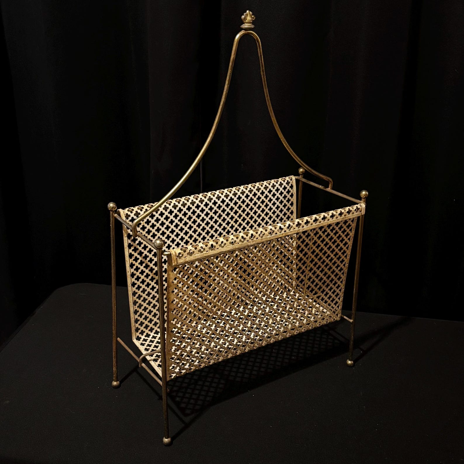 Vintage Brass & Cream Enamel Magazine Rack – Ornate Lattice Basket – Mid-Century Style