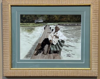 Original Signed Tom McKinney Watercolor | 1997 Man on Dock | Framed 14.5x12 | Jazz-Inspired Americana | Black Art | TV-Featured