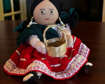 Vintage Mexican Folk Art Rag Doll with Basket & Beaded Jewelry – Weighted Base – 6.5” Seated