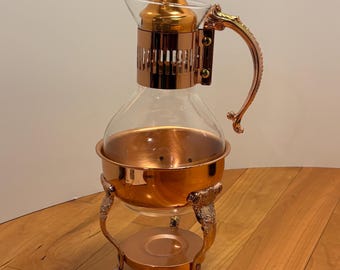 Princess House koperen en glazen koffietheekaraf met standaard, deksel – Corning hittebestendig glas