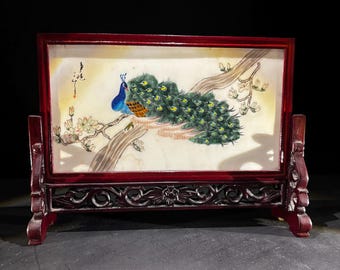 Vintage Double-Sided Chinese Painted Stone Panel – Horses & Peacock Designs in Rosewood Frame with Stand