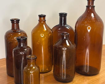 Antique Amber Glass Bottles – Dazzle Bleach, Lysol, Whiskey Flask, Stub Beer – Buyer Chooses