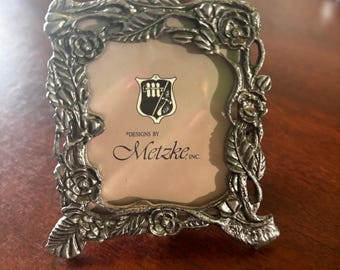 Metzke Vintage Pewter Frame – Floral Vine Design – 2.5&quot;x2&quot; Photo – Unused with Original Paper
