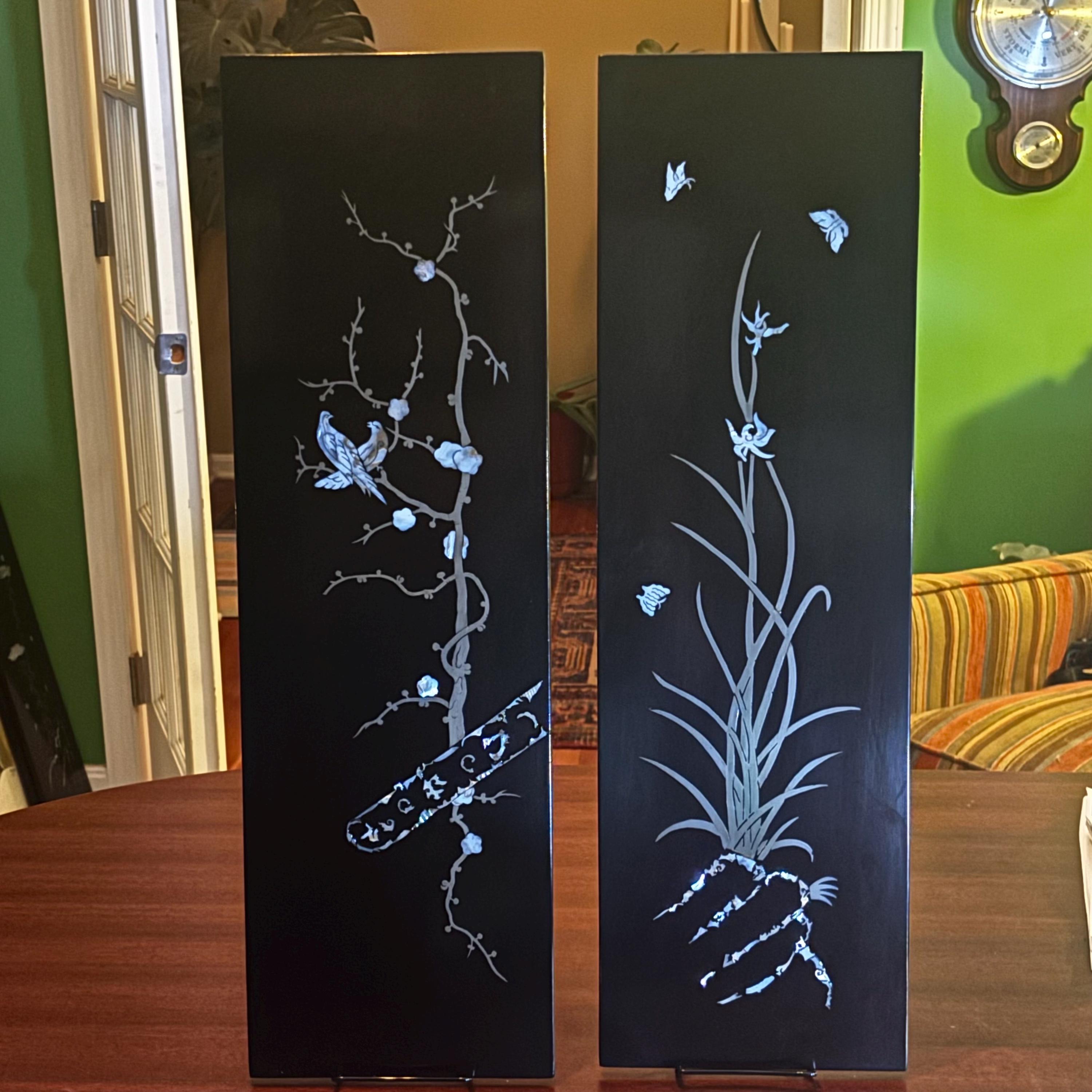 Pair of Vintage Korean Lacquer Panels – 26"x8" – Mother of Pearl Inlay – Birds, Blossoms, Butterflies – #65-8001 & #65-8002 (1 of 2 Pairs)