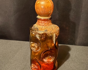 Vintage bärnstensfärgad glaskaraff med äkta läderöverdrag – Tillverkad i Italien – Barware i mitten av århundradet