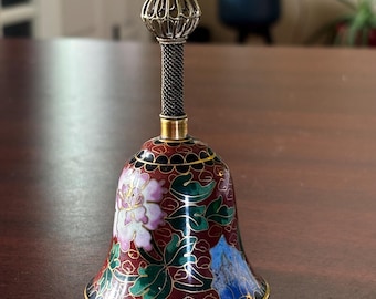 Campana vintage in ottone cloisonné Champlevé - smalto floreale, interno blu - anni '50 circa