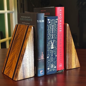 Midcentury Modern Exotic Wood Bookends – Inlaid Design, Brass Support, 4.75x3x7&quot;