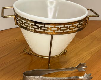 Cubitera de vidrio opalino Hazel-Atlas - Soporte y pinzas - Diseño de espiga - Clave griega dorada