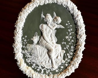8x6 Wall Hanging – White Relief on Sage Green of Mother / Woman and Child / Cupid / Cherub with Floral Border