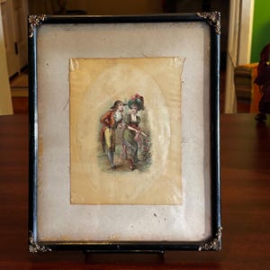 Framed Silk Artwork – Vintage Romantic Couple in Black & Gold Rustic Frame (10.5x8.5&quot;)